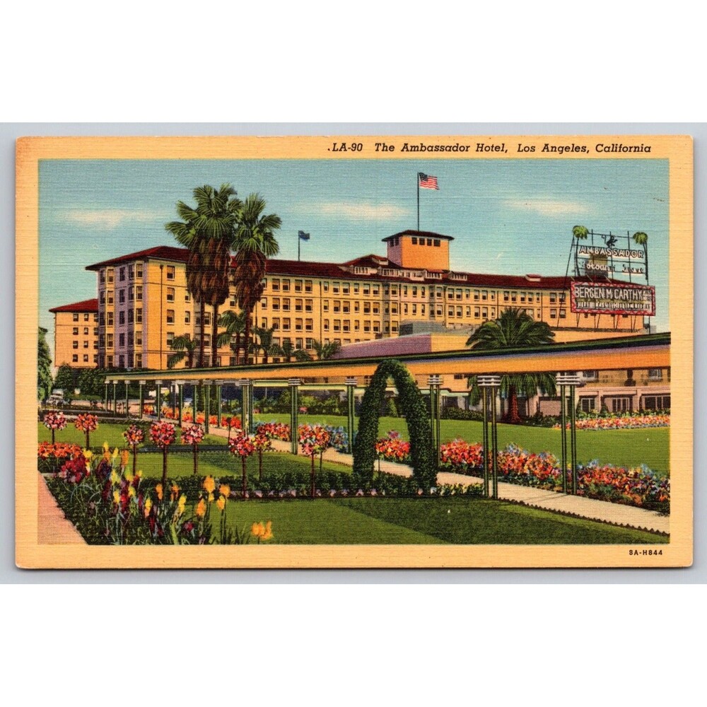 Vintage Ambassador Hotel Los Angeles CA Linen Postcard Edgar Bergen Sign US Flag